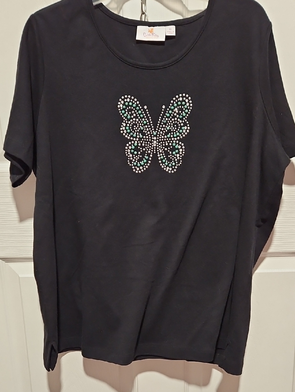 Quacker Factory Black Short Sleeve Tee with Green & Silver Crystal Butterfly